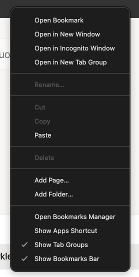 Menu del tasto destro sulla barra dei preferiti, con la voce "Add Page…" (Aggiungi pagina)