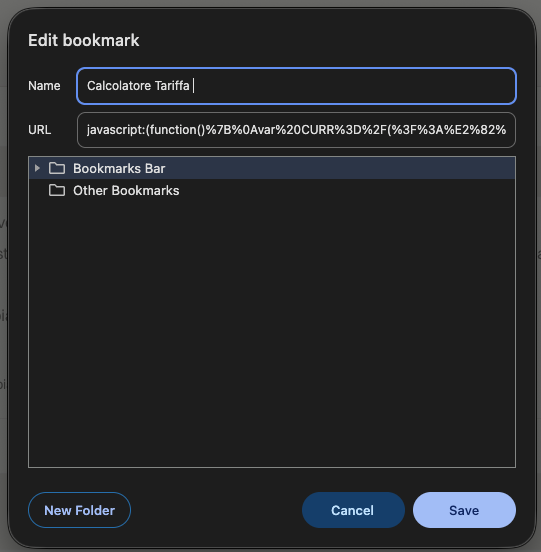 Finestra "Edit bookmark" (Modifica preferito) con il campo Nome compilato e il campo URL che inizia con "javascript:"